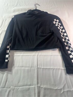 Black Cropped Hoodie with White Checkerboard Sleeves